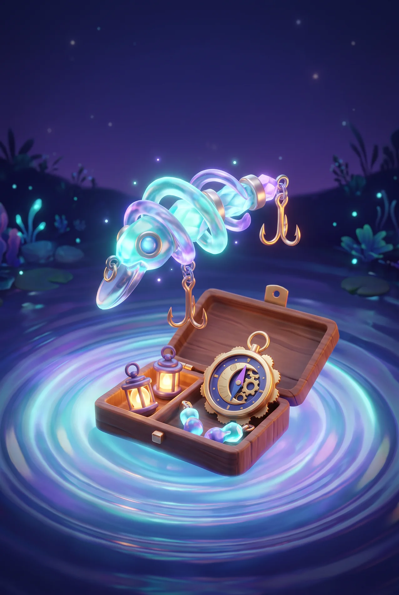 Illustrated glowing fishing lure and lantern tokens