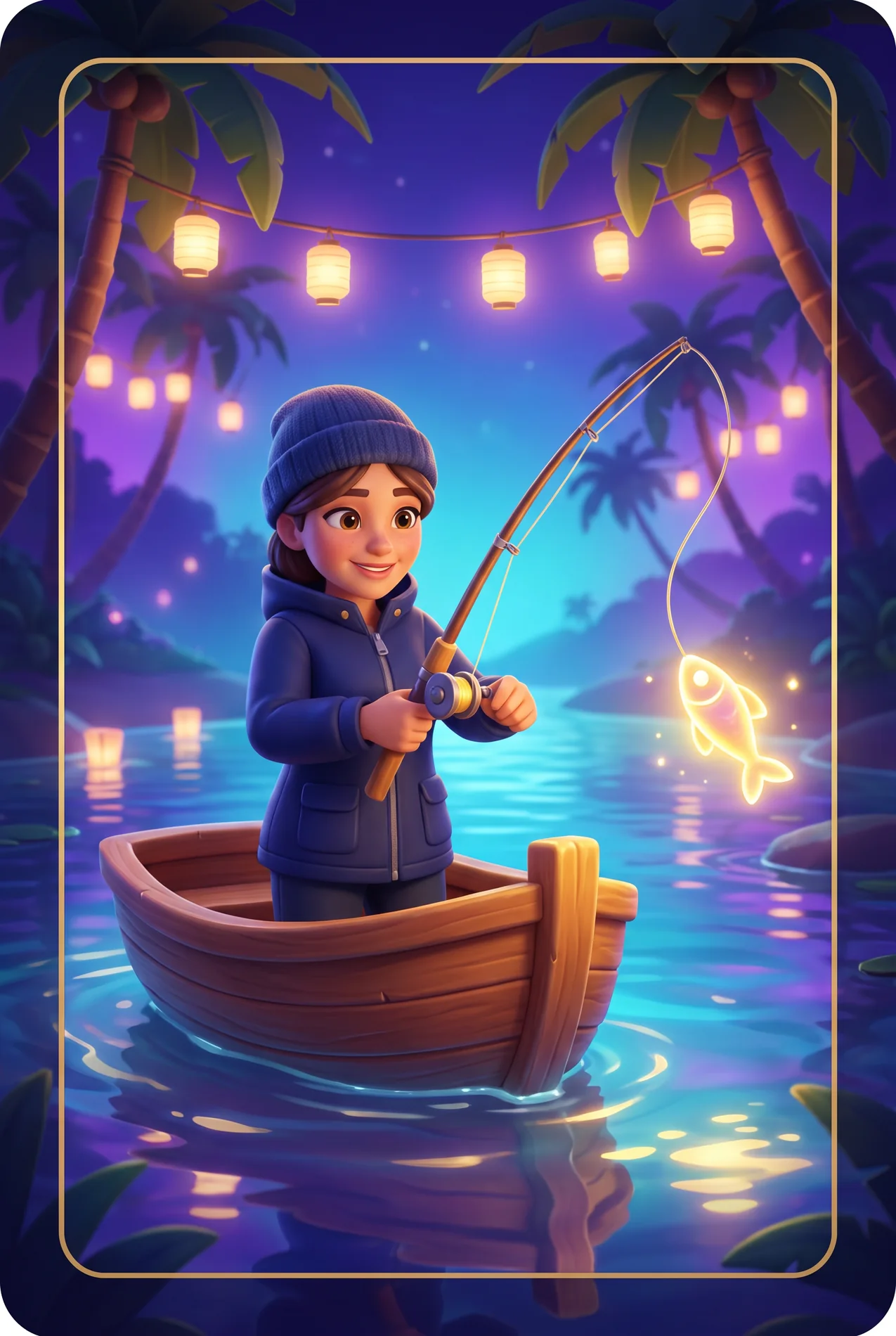 Illustrated woman angler making a night cast