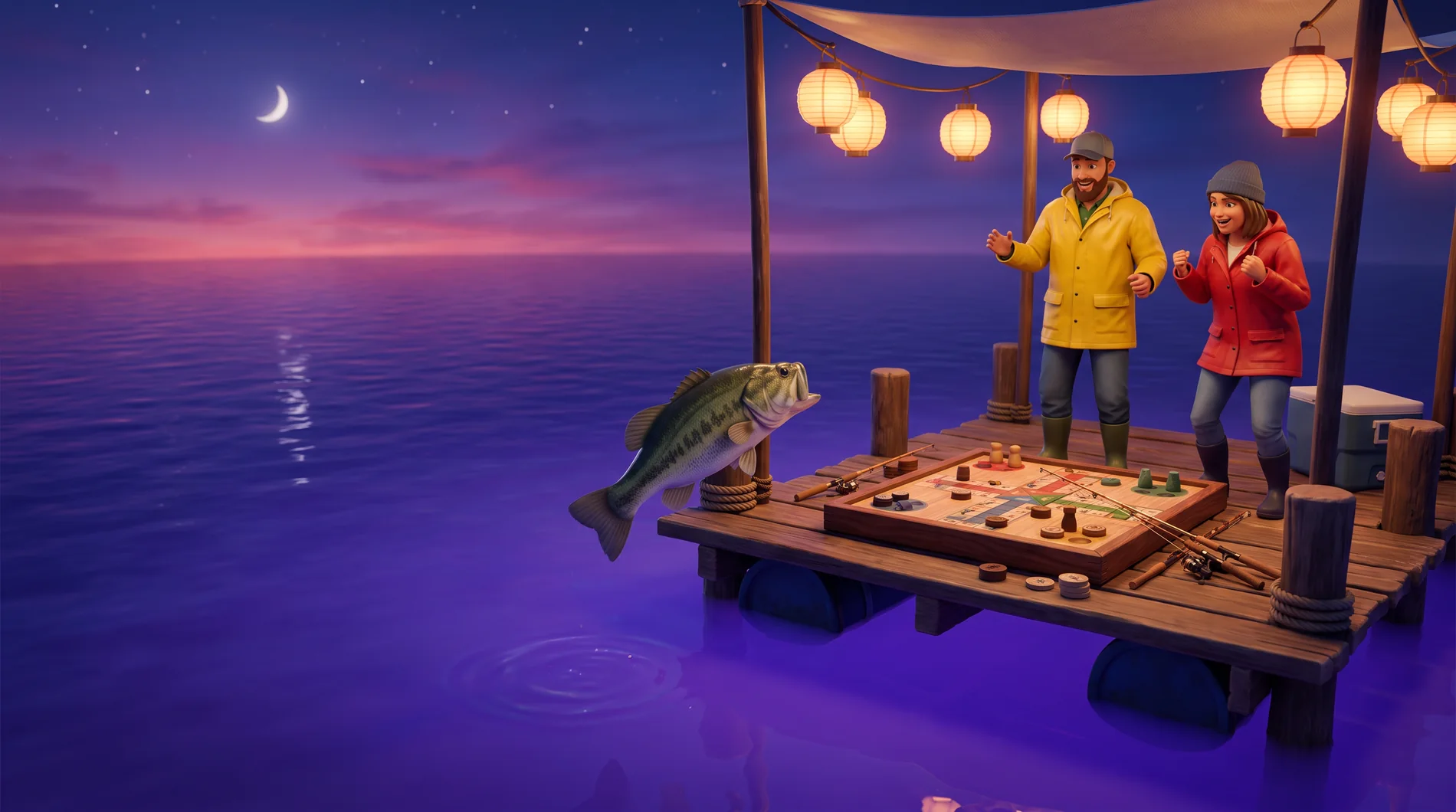 Illustrated anglers playing a fishing board game under lanterns