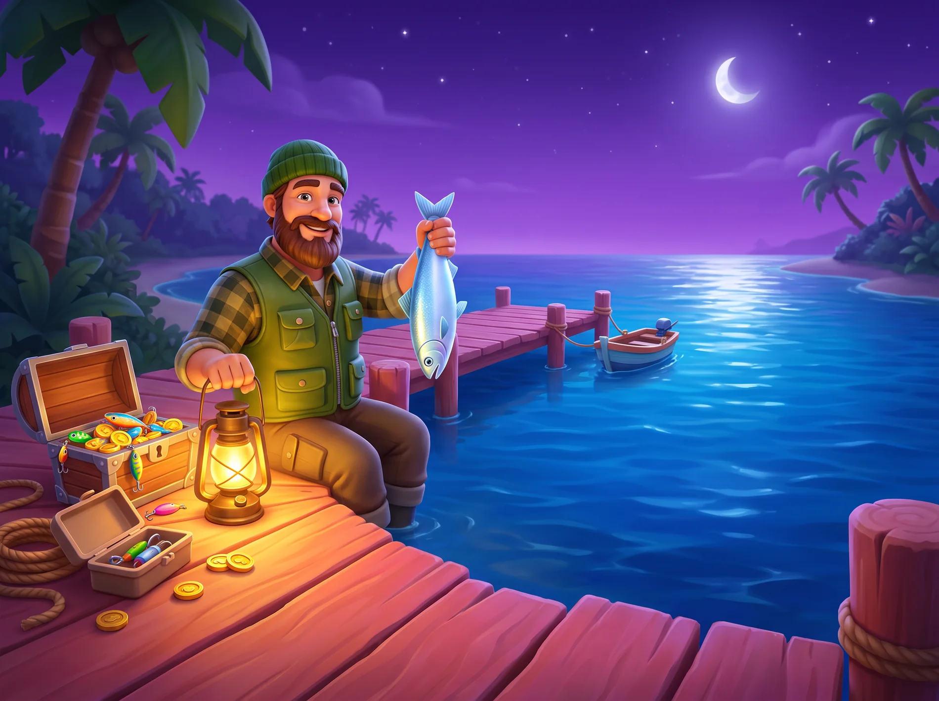 Illustrated fisherman on a moonlit dock with tackle and fish