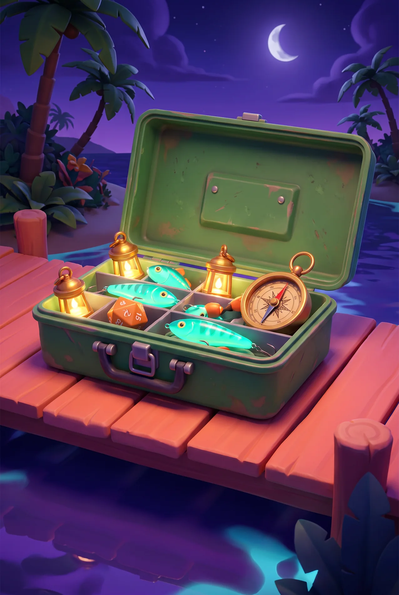 Illustrated tackle case with glowing lures and lantern tokens