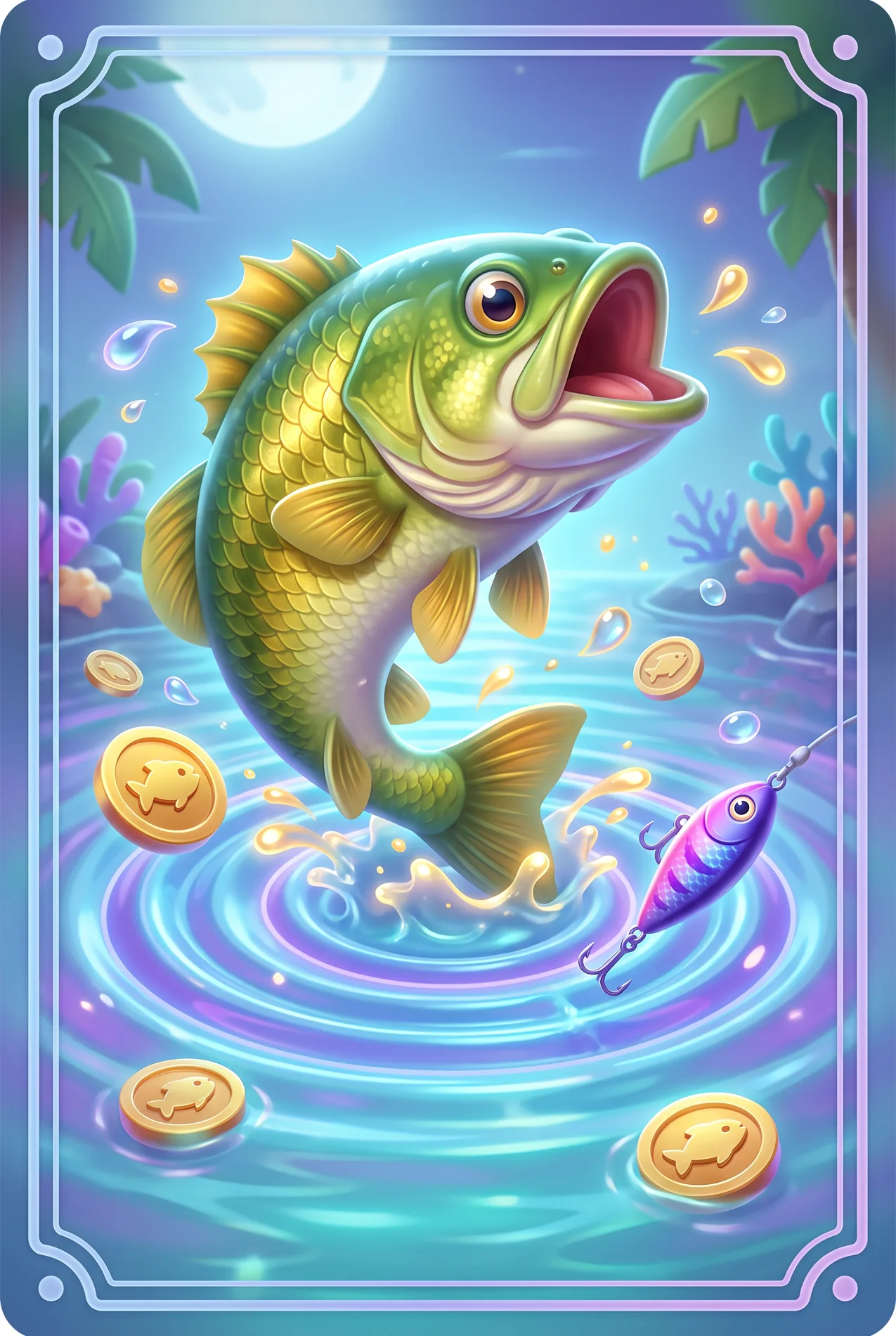 Illustrated trophy bass leaping in moonlit water