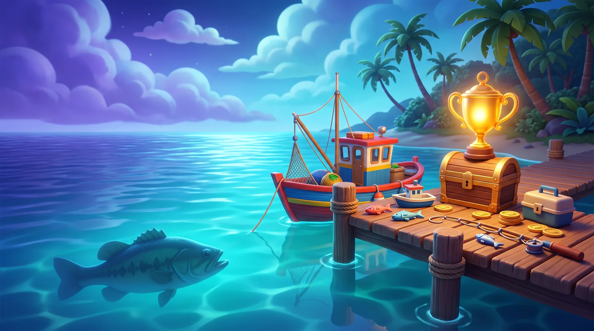 Illustrated moonlit fishing cove with trophy dock