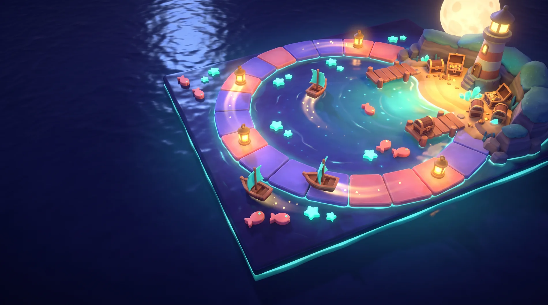 Illustrated crescent lagoon board with lantern tokens and boats