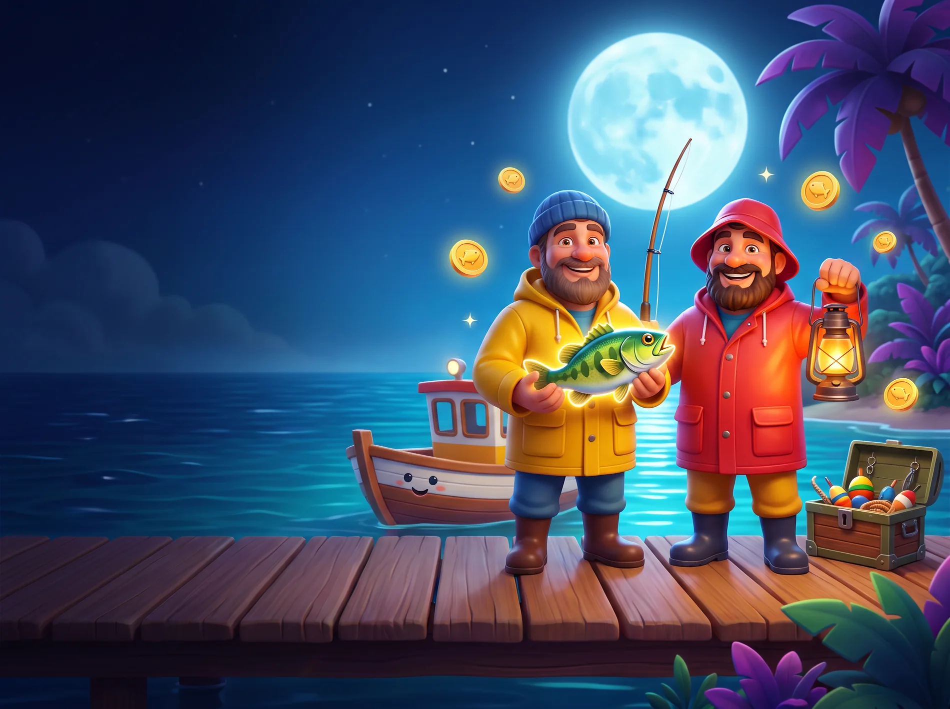 Illustrated fishing crew on a lantern dock with game pieces