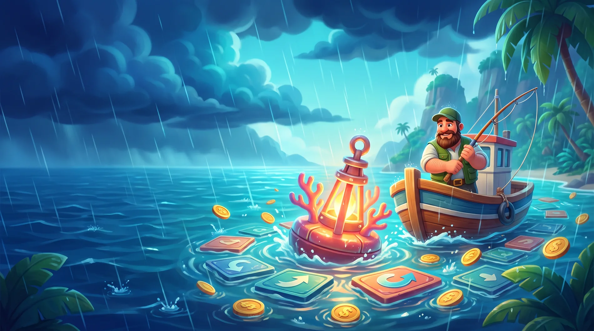 Illustrated storm buoy beside a fishing boat and board tiles